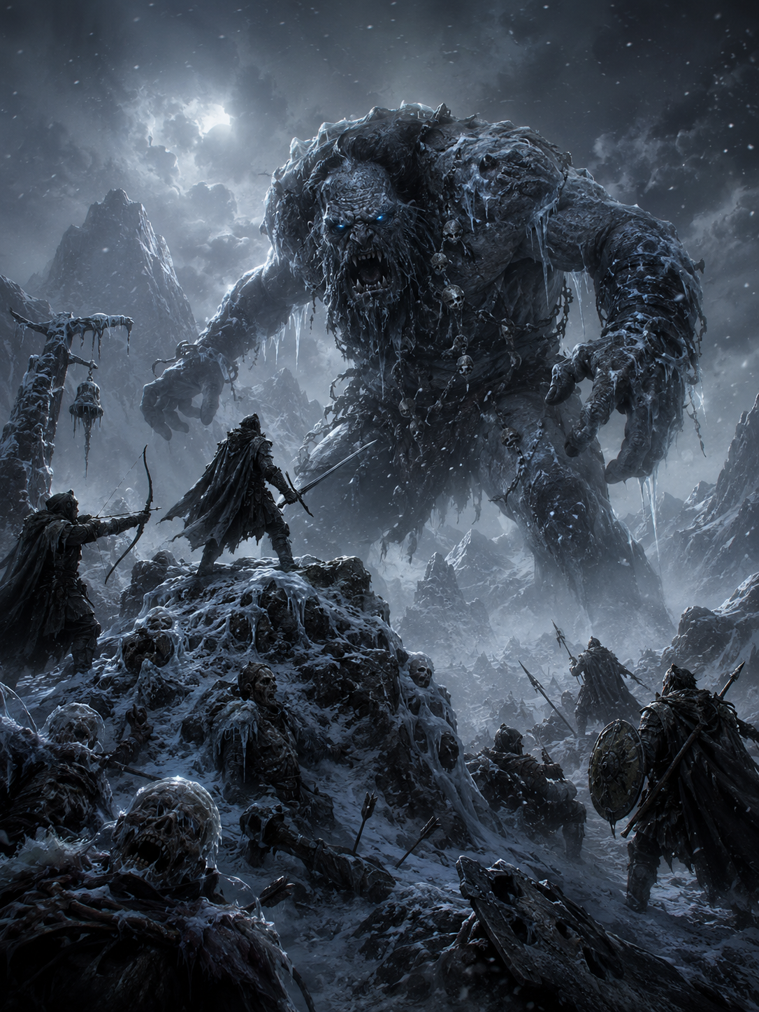 A snow troll towering over warriors in the Abandoned Dead Mountains