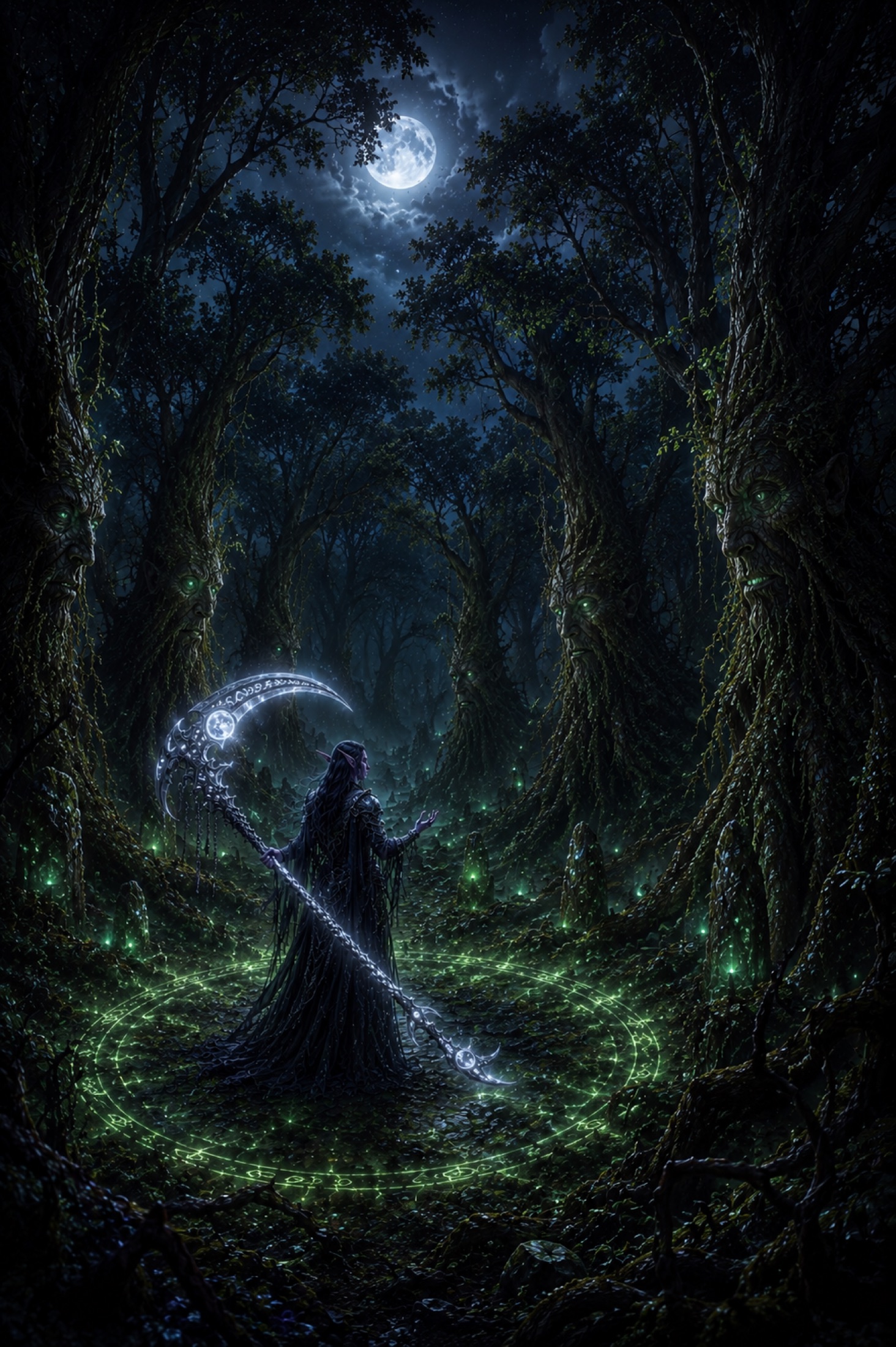 A dark forest alive with ancient roots and magic