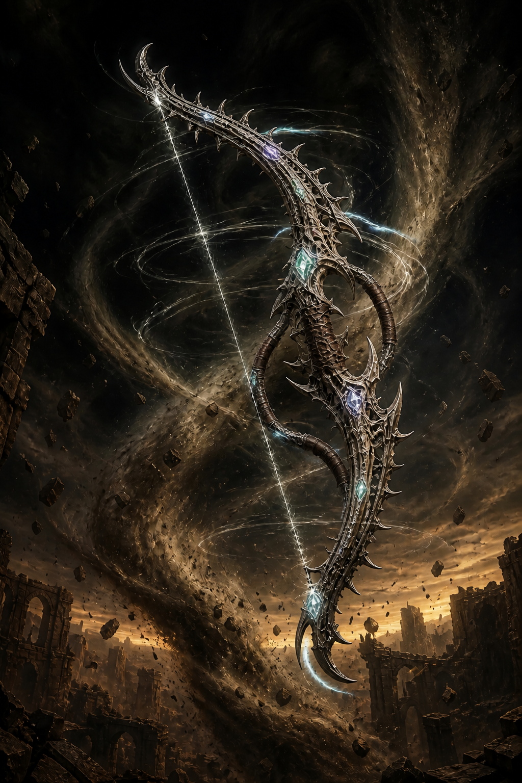 A skeletal silver Bow of Wind suspended inside a colossal desert storm