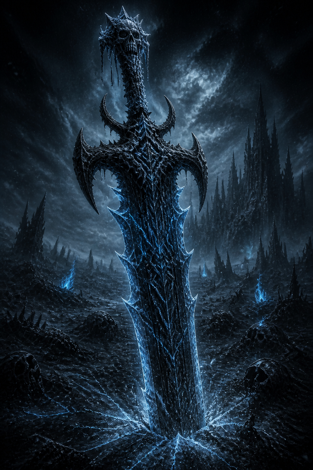 A colossal Frost Great Sword rising from a dead frozen battlefield