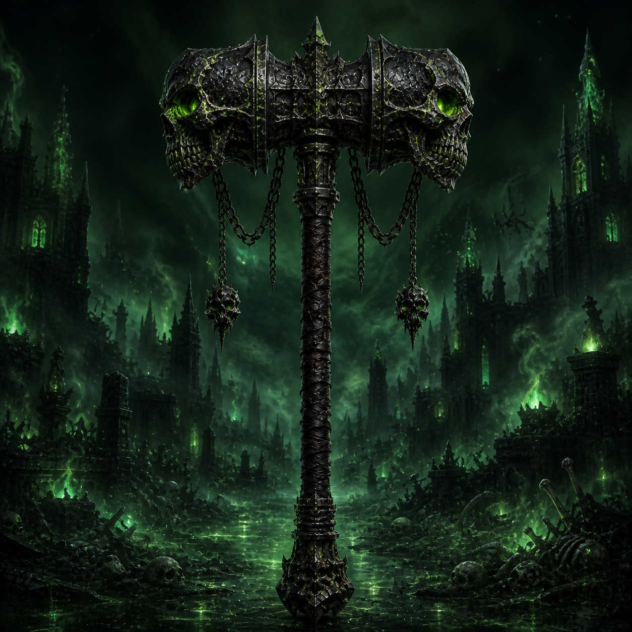 A twin-skull Hammer of Necromancy burning with spectral green power