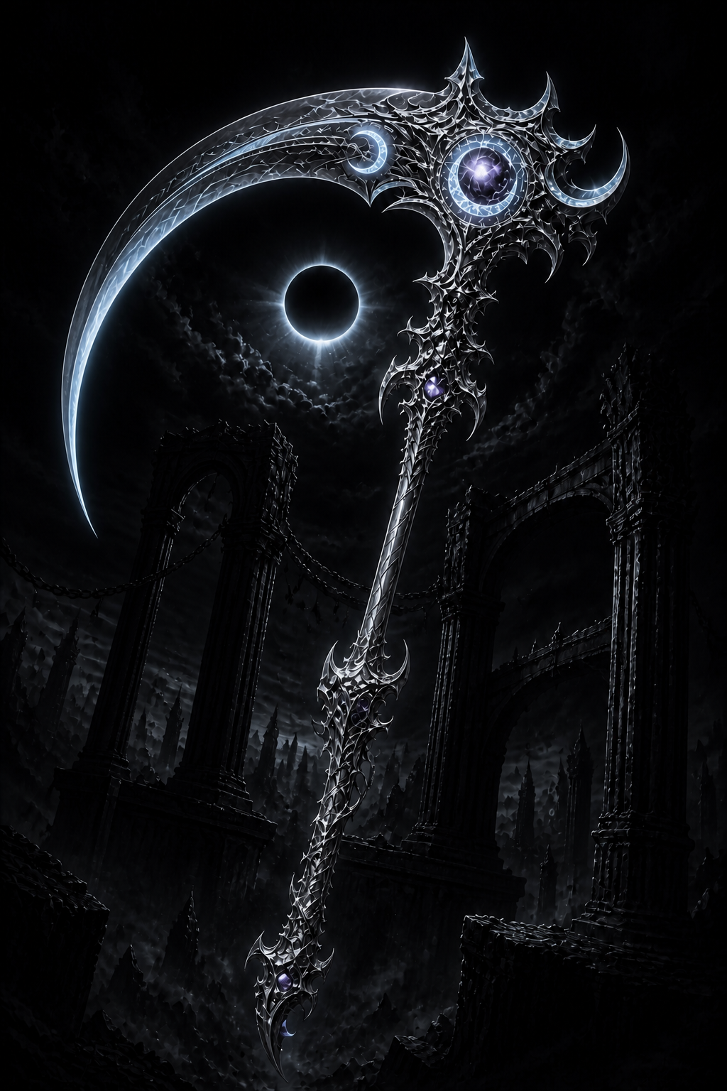 A serrated silver-black Scythe of Arcane beneath a violet eclipse