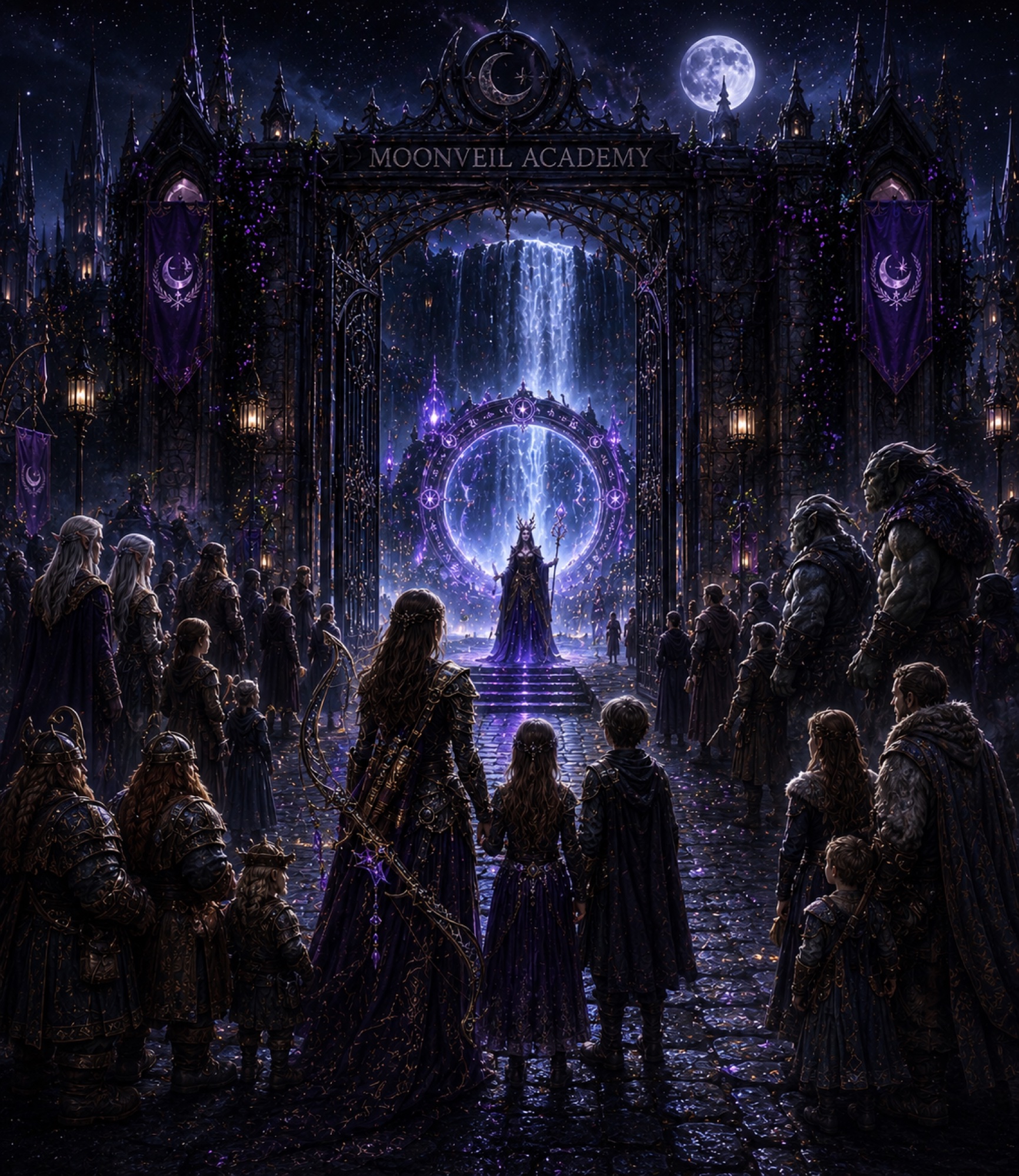Families gathered before the gate of Moonveil Academy