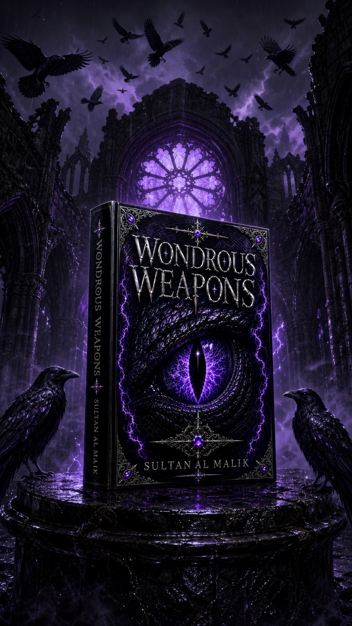 Wondrous Weapons displayed in a ruined cathedral with ravens